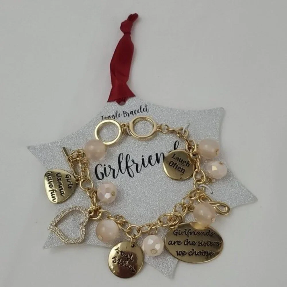 Girlfriend Toggle charm Bracelet Friends Gold faux pearls heart gold blush *